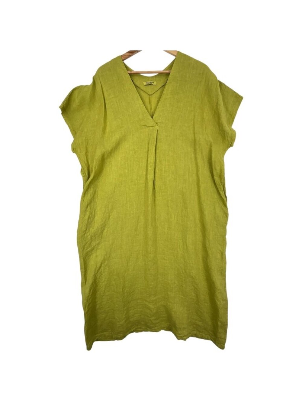 Meo Meli Linen Dress Womens One Size Green Shift Midi Pockets Cap Sleeve Italy